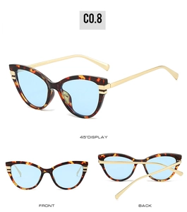Detail view of cat eye sunglasses featuring tortoiseshell frames and blue lenses