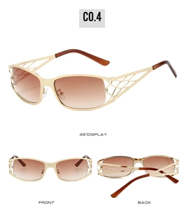 Detail of Y2K hollow geometric metal frame and brown gradient lenses in 45-degree view