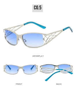 Detailed views of silver hollow metal Y2K sunglasses with blue gradient lenses