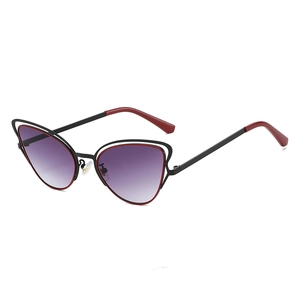 Cat-eye metal sunglasses with purple gradient lenses and hollow frame design for women