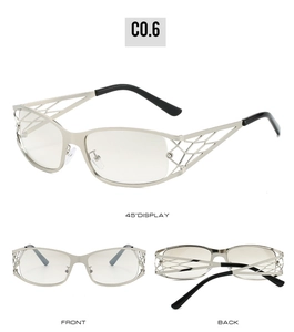 Close-up of silver metal frame with hollow diamond mesh Y2K punk style design