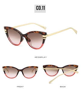 Detailed views of cat-eye sunglasses with tortoise and red gradient frames and metal temples
