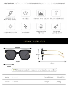 Detailed size guide and specifications for square frame oversized UV400 sunglasses