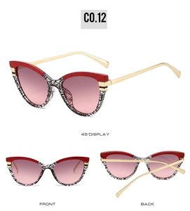 Cat-eye sunglasses with red frames and purple gradient lenses in multiple display angles