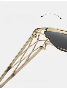 Close-up of durable texture metal hinge and hollow geometric design on Y2K sunglasses
