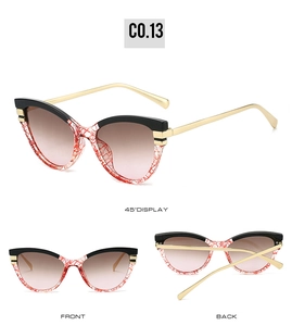 Three-view display of cat eye sunglasses with red mesh pattern and metal temples