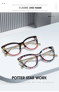 Detail of cat-eye eyewear showing tortoise and floral frames with gold metal temples