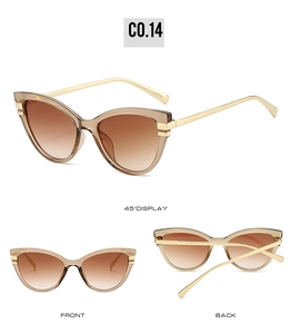 Detailed views of cat-eye sunglasses with gradient lenses and golden metal temples
