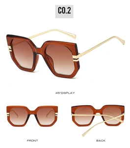 Detailed views of geometric brown gradient sunglasses with slim gold metal temples