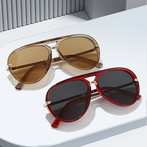 Retro aviator sunglasses set with amber and red frames featuring golden metal bridges