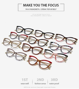 Cat-eye blue light blocking glasses shown in 11 fashion colors with metallic gold temples