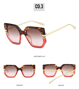 Three-view display of oversized square sunglasses with tortoiseshell and red frames