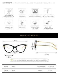 Detailed size chart and technical specifications for cat-eye anti-blue light glasses