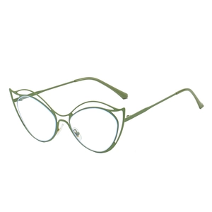 Chic olive green cat-eye glasses with double bridge hollow metal frame design