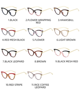 Detailed catalog showing 11 stylish cat-eye glasses frames with golden metal temples