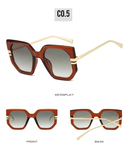 Detailed multi-angle views of amber geometric oversized sunglasses with gold metal temples