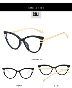 Detailed views of black cat-eye glasses with gold metal temples and striped side accents