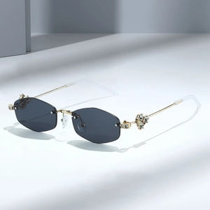 Rimless Polygonal Sunglasses Metal Frame Luxury Rhinestone Flower Decor UV400 Eye Protection Fashion For Women
