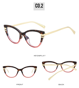Detail view of cat eye glasses frames with tortoiseshell pattern and red gradient finish