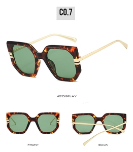 Detailed multi-angle views of square tortoiseshell sunglasses with green lenses and gold legs