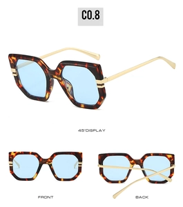 Three-angle view of oversized square leopard print sunglasses with light blue lenses