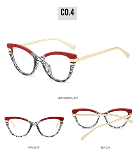 Cat eye glasses frames in red and monochrome texture with gold metal temples