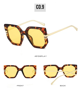 Detailed views of tortoise square sunglasses with yellow lenses and gold metal temples