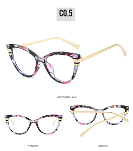 Three-angle view of vintage cat-eye glasses with floral patterns and gold metal temples