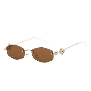 Luxury rimless polygon sunglasses with brown lenses and diamond-studded gold metal frame