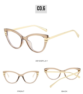 Detailed multi-angle view of amber cat-eye glasses with slim gold metal temples