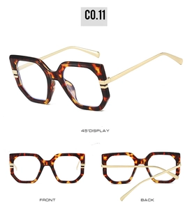 Detail view of tortoiseshell oversized frames and golden metal temples from three angles