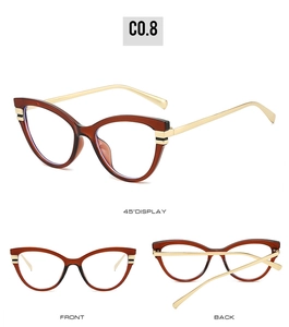 Cat-eye blue light glasses shown from front, back, and 45-degree angles on white background