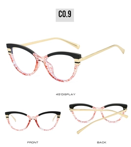 Three-angle display of cat-eye anti-blue light glasses with black and red textured frame