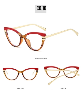 Detailed views of cat-eye glasses with red frames and tiger pattern accents from three angles