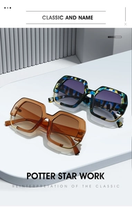 Detailed view of geometric sunglasses frames with gold wire accents and gradient lenses