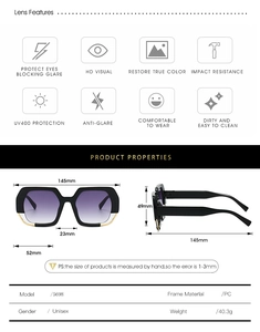 Detailed size chart for unisex polygonal sunglasses with UV400 gradient lenses