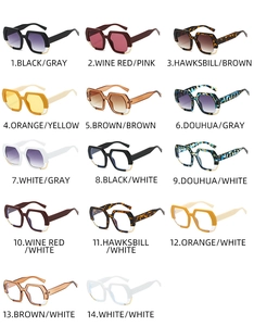 Collage of 14 colorful geometric polygon sunglasses and blue light glasses frames