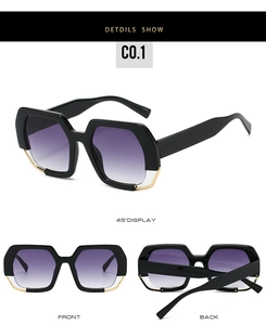 Detailed views of polygon oversized sunglasses with black frames and purple gradient lenses