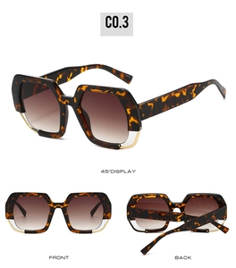Three-angle view of tortoiseshell polygon sunglasses with brown gradient lenses