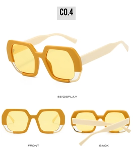 Detailed views of yellow geometric hexagonal sunglasses from front, back and side angles