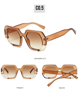 Detail view of amber polygonal sunglasses with laser-engraved model 2838 on temple