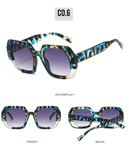 Three-angle view of polygonal sunglasses with blue and yellow geometric patterns