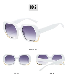 Detailed view of oversized white polygon sunglasses with purple gradient lenses and gold accents