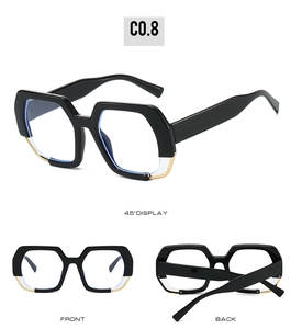 Three-angle view of polygonal black and gold geometric frame glasses with clear lenses
