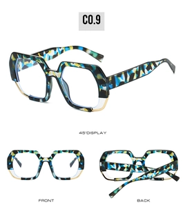 Detailed views of camouflage polygon sunglasses with golden metal accents and 45-degree angle