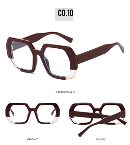 Three-angle view of wine red geometric sunglasses with gold-rimmed frame and blue lenses