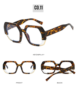 Three-angle view of tortoiseshell geometric sunglasses with gold metal accents