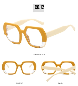 Detailed views of polygon fashion sunglasses with yellow and beige frames and clear rims