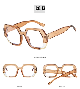 Three-view layout of geometric polygon sunglasses in amber and transparent frames