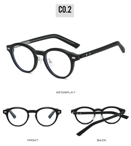 Detailed three-view display of black oval TR frame glasses with silver rivet accents